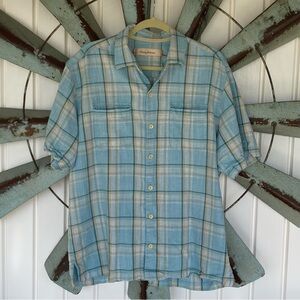 Tommy Bahama Men's Short Sleeve Shirt, Size L, 100% Silk, Blue Plaid